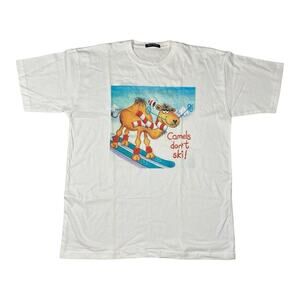 Susan Walpole Camel Art Humor Winter Skiing Large White Graphic T-Shirt Funny